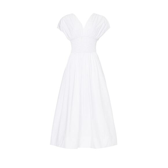 Staud Jackson White Smocked V-Neck Short Sleeve A-Line Midi Dress Size Large - Picture 5 of 16